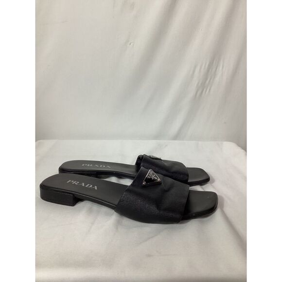 Prada Triangle-Logo Plaque Slide Flat Sandals in Black Leather - Picture 12 of 12